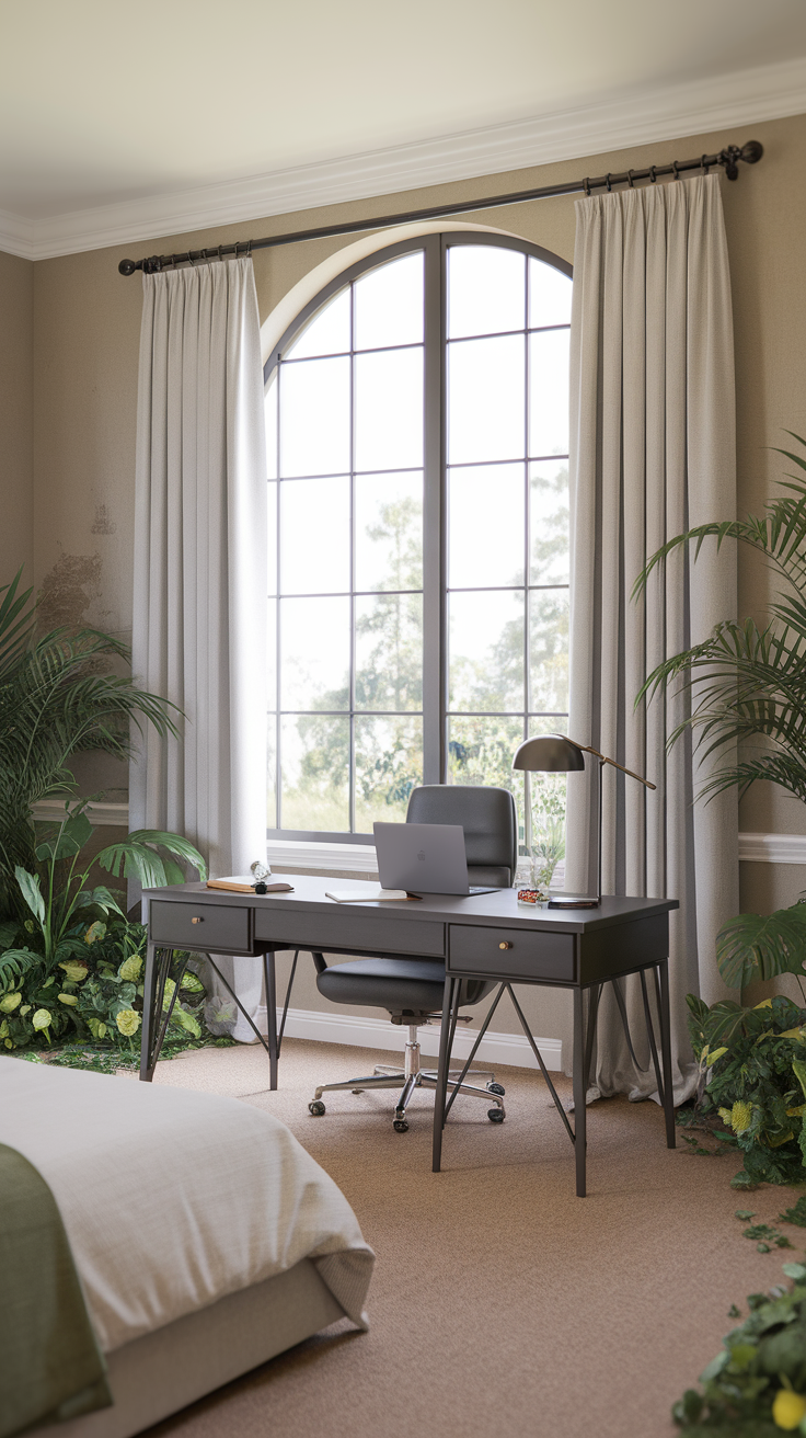 A master bedroom featuring a workspace with plants and natural light, creating a fresh and inviting atmosphere.
