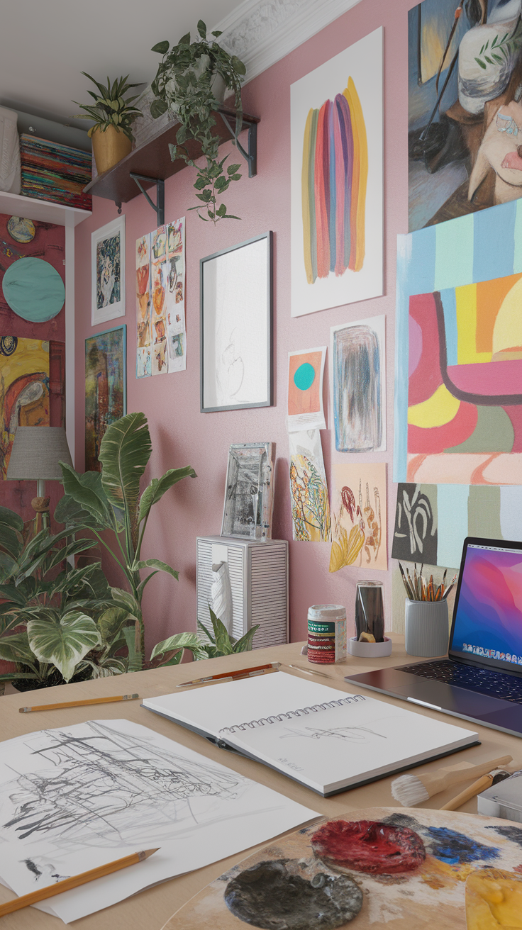 An artistic workspace featuring colorful wall art, a desk with sketchbooks and paint supplies, and green plants.