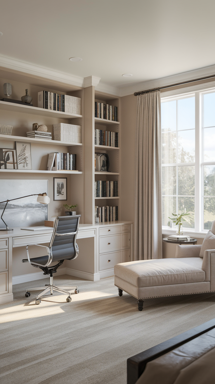 A functional master bedroom office layout featuring a desk, bookshelves, and a cozy lounge area.