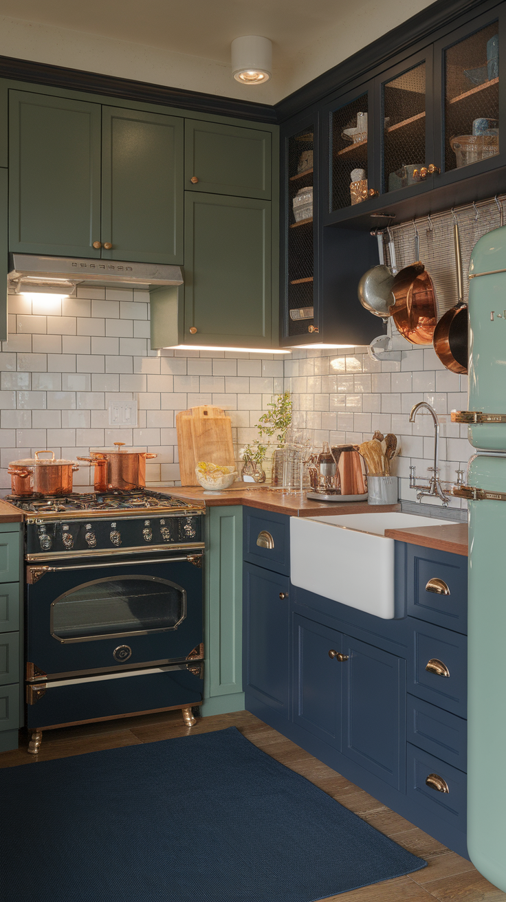 A modern kitchen featuring a blend of green and navy blue cabinets, white tiles, and wooden countertops.