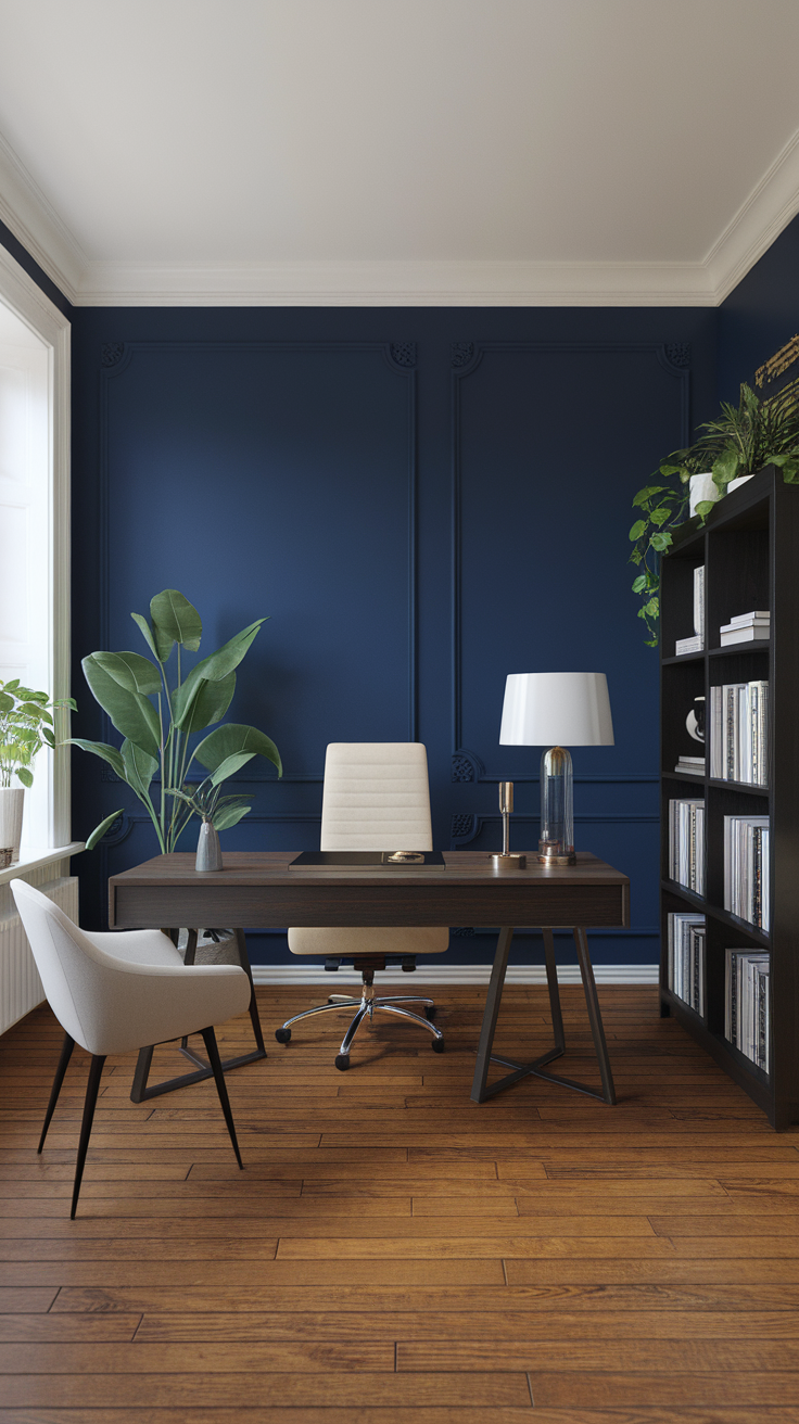 A modern home office featuring a dark blue accent wall, stylish furniture, and plants.