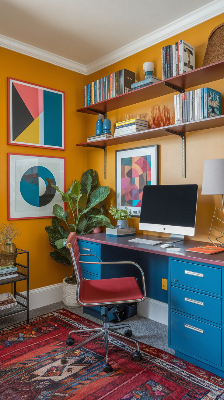 A stylish home office with a yellow wall, bold artwork, a blue desk, and a burgundy chair.