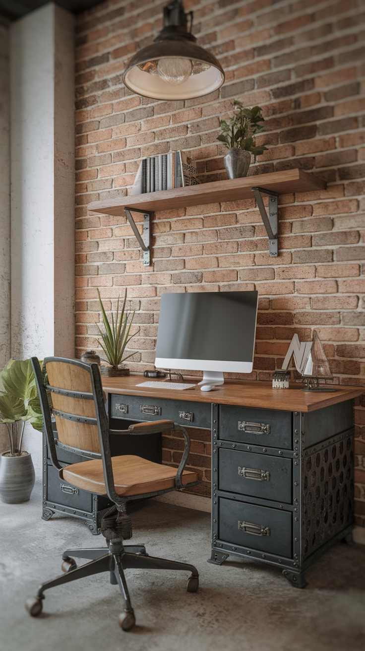 A chic home office featuring a dark metal desk, wooden chair, and brick wall.