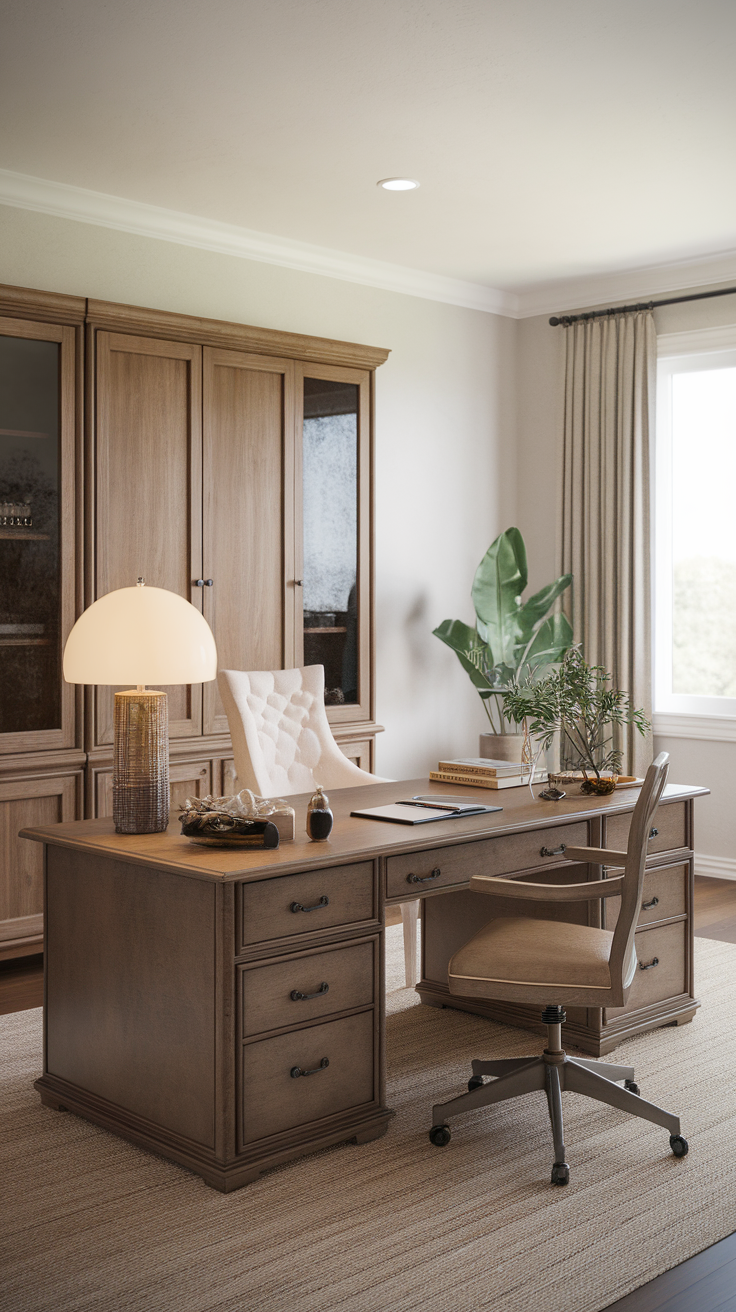 A stylish wooden desk with a comfortable chair in a bright, well-decorated office space.