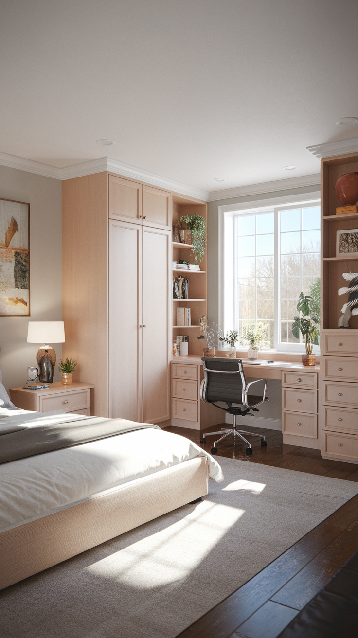 A serene master bedroom office with a desk, shelving, and natural light from a window.