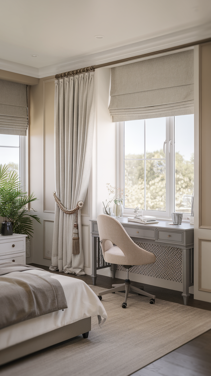 A stylish master bedroom featuring soft window treatments and a cozy office space.