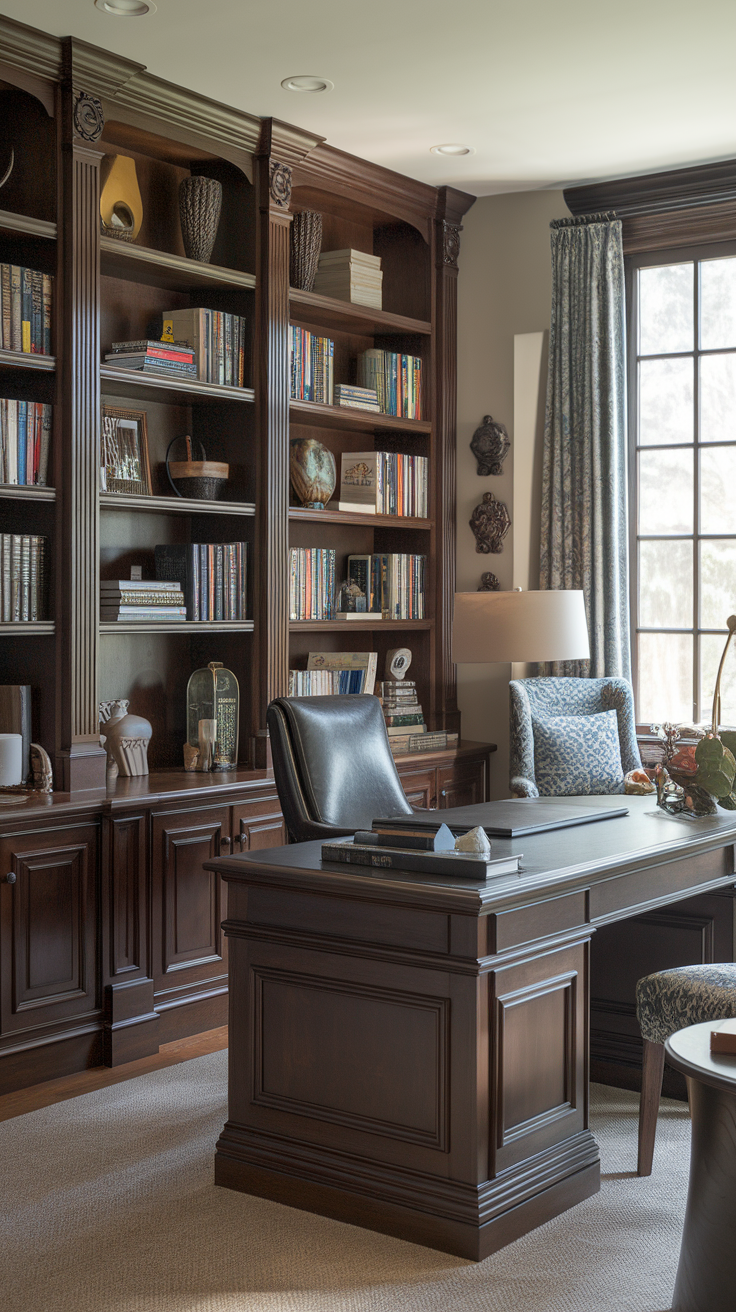 A classic library study with dark wood furniture, shelves filled with books, and a cozy atmosphere.