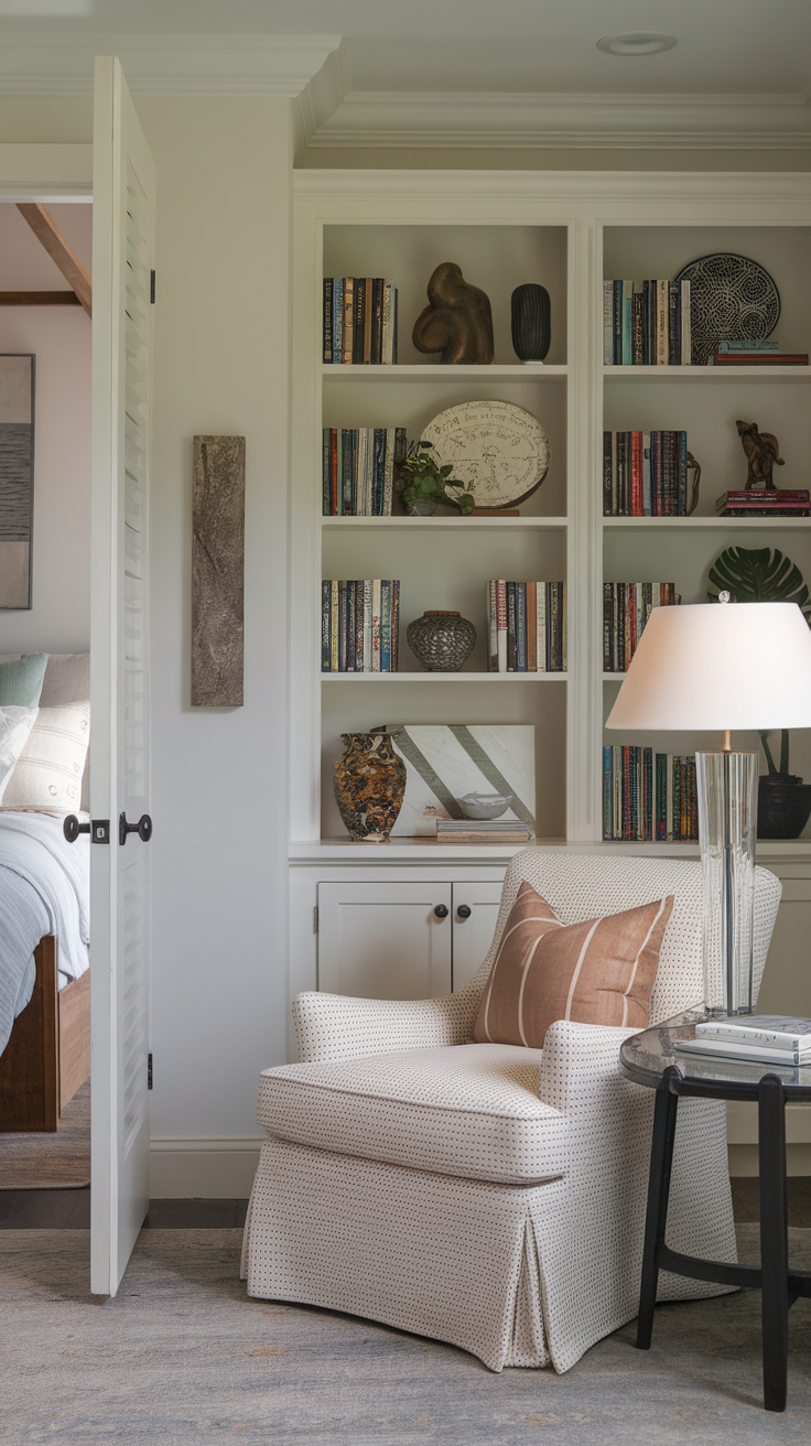 Cozy reading nook with a comfortable chair, lamp, and bookshelves.