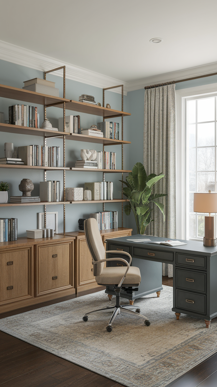 A stylish office area in a master bedroom, featuring a desk, bookshelves, and a plant.