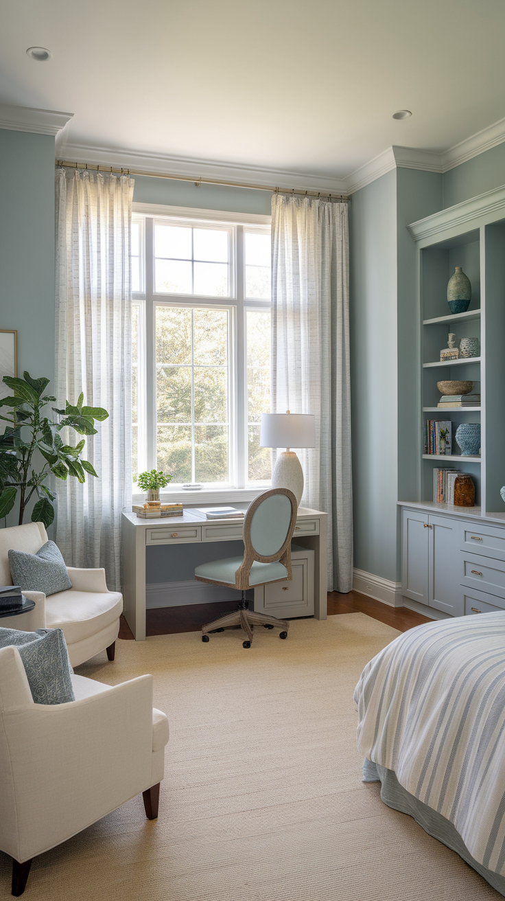 A beautifully designed master bedroom office with light blue walls, a desk by the window, and cozy seating.