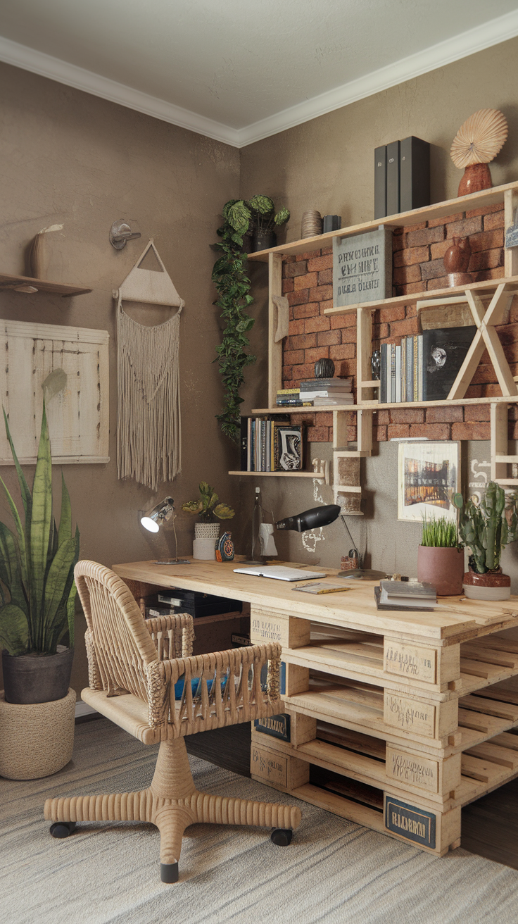 Stylish home office with a wooden pallet desk, reclaimed wood shelves, and greenery.