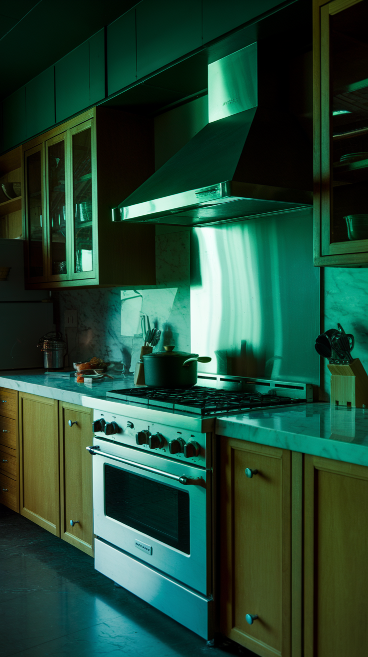 A cozy kitchen with dark green accents and soft lighting, featuring cabinets and a window with plants.