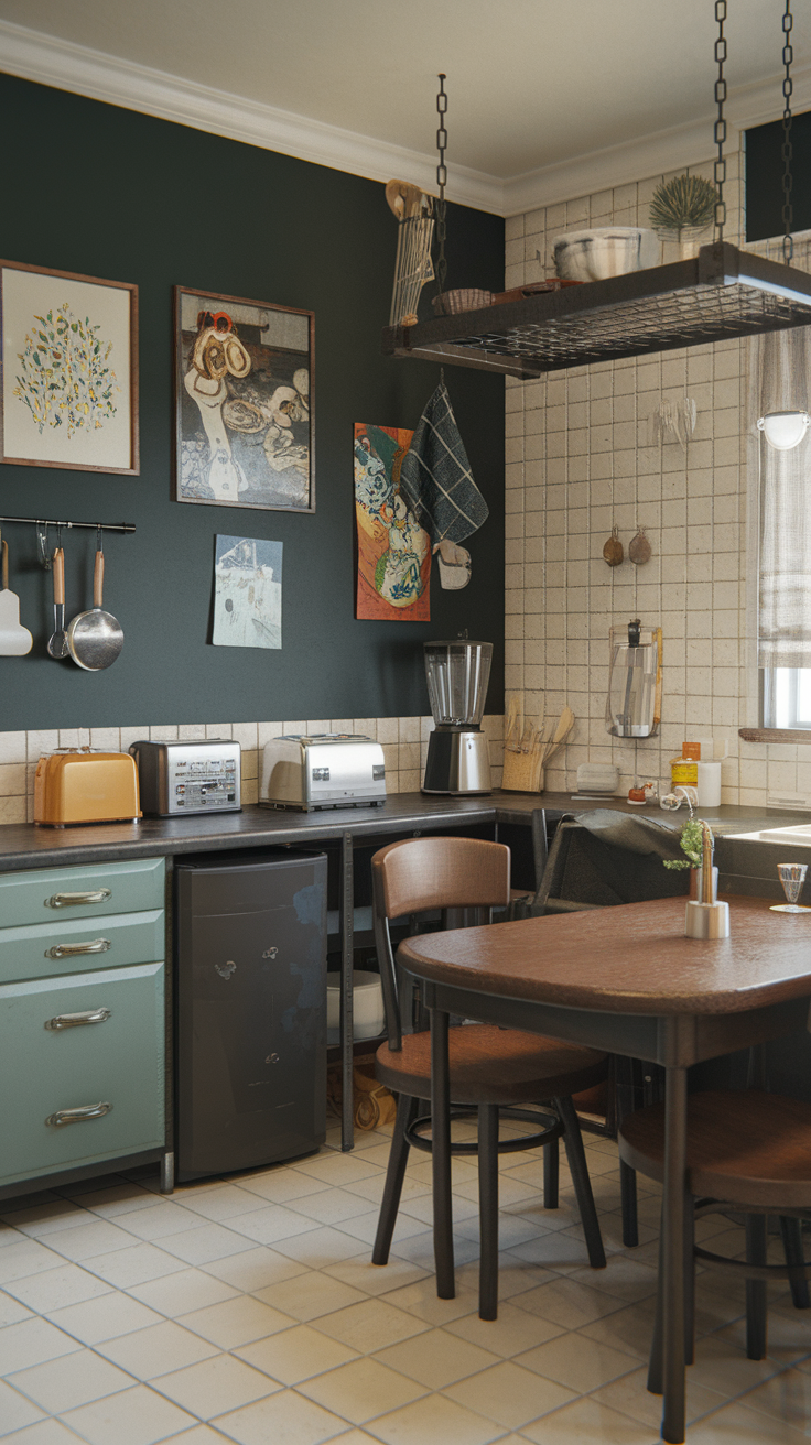 A kitchen featuring a dark green accent wall with various pieces of art, modern appliances, and a cozy dining area.