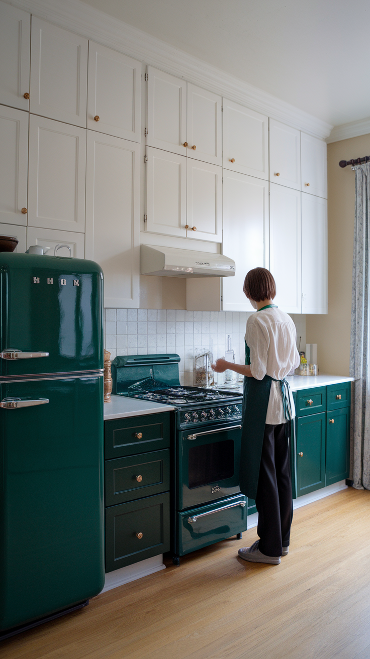 A stylish kitchen featuring dark green cabinets and appliances contrasted with white upper cabinets, creating a balanced and elegant look.