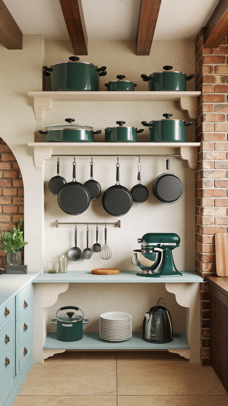 Dark green cookware collection on open shelves in a cozy kitchen.