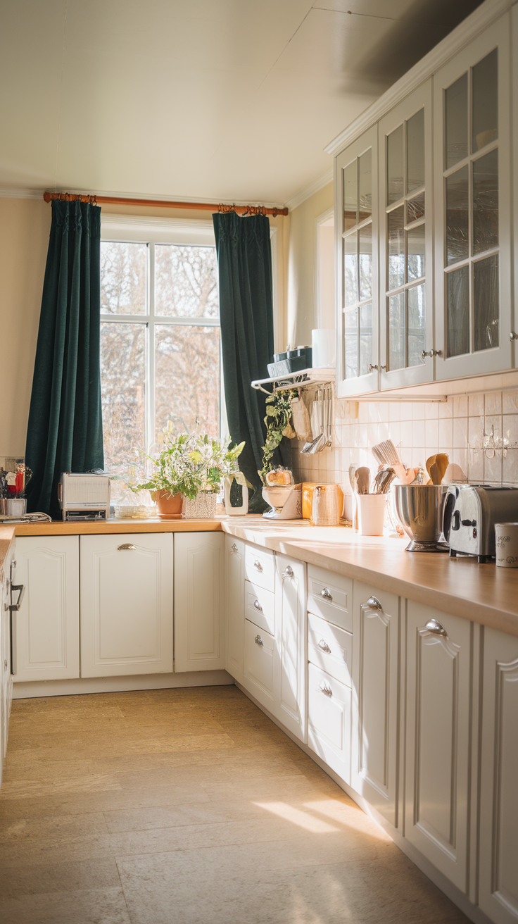 A kitchen with dark green curtains allowing natural light to filter through