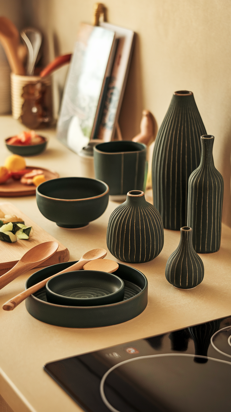 A collection of dark green decorative bowls and vases on a kitchen counter.