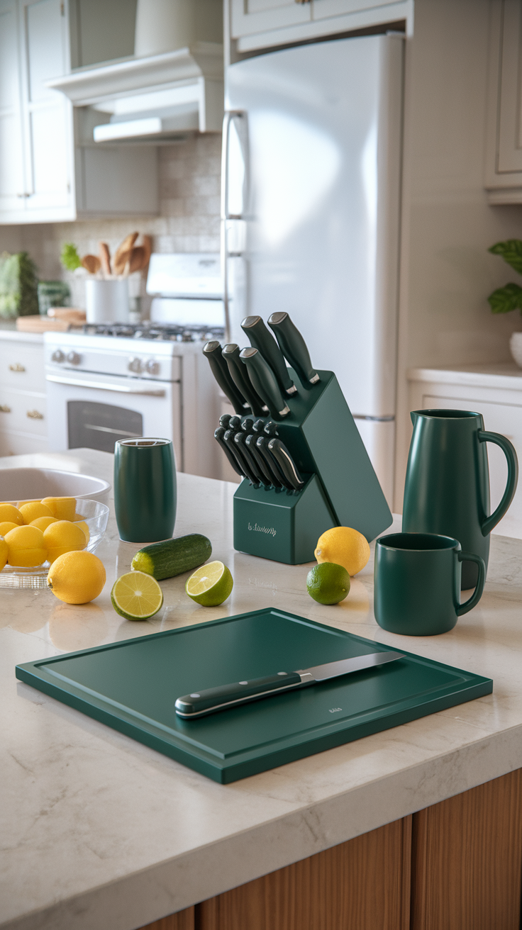 A modern kitchen featuring dark green utensils and accessories, including a knife block, cutting board, and fresh lemons.