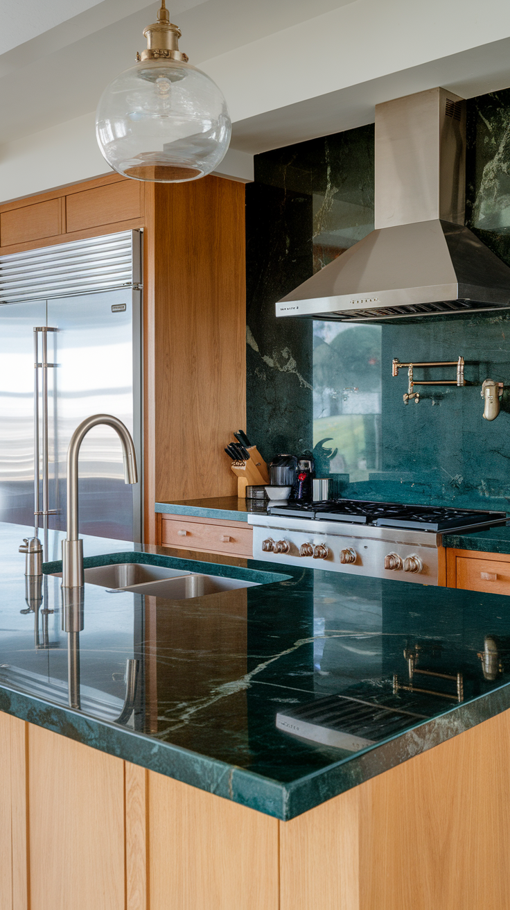 Modern kitchen with dark green marble countertops and wooden cabinetry.