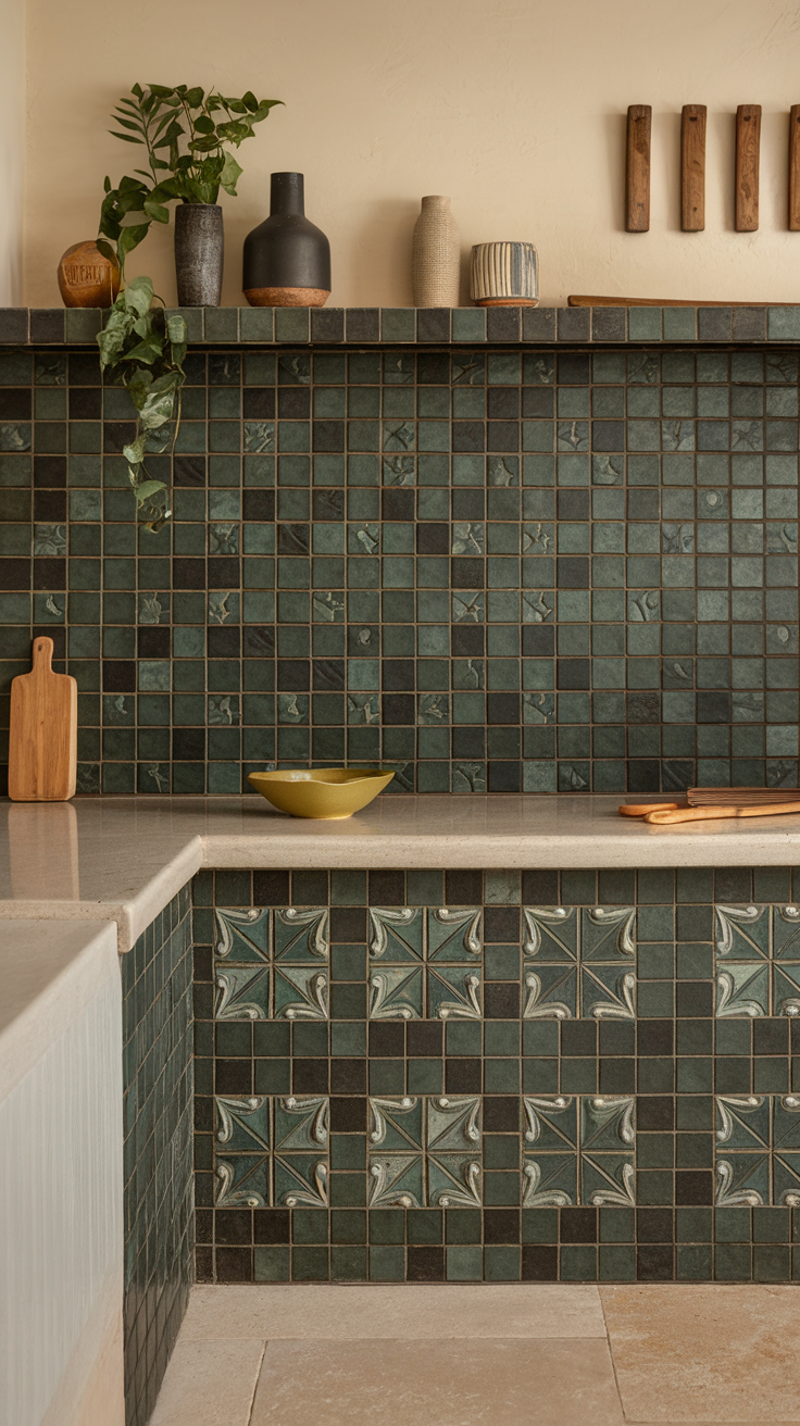 Dark green mosaic tile backsplash with various plants and decor items on the countertop