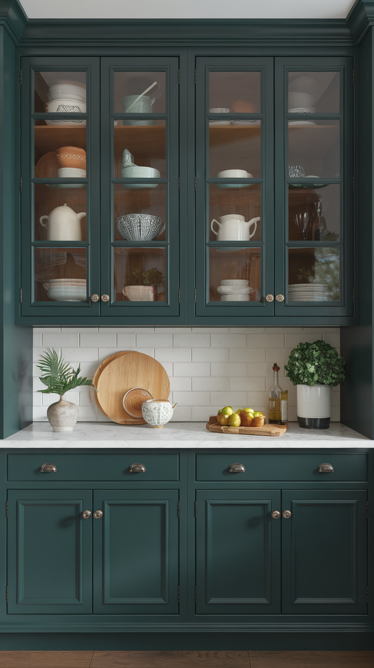 Dark green wall cabinets with glass doors displaying cookware and decorative items