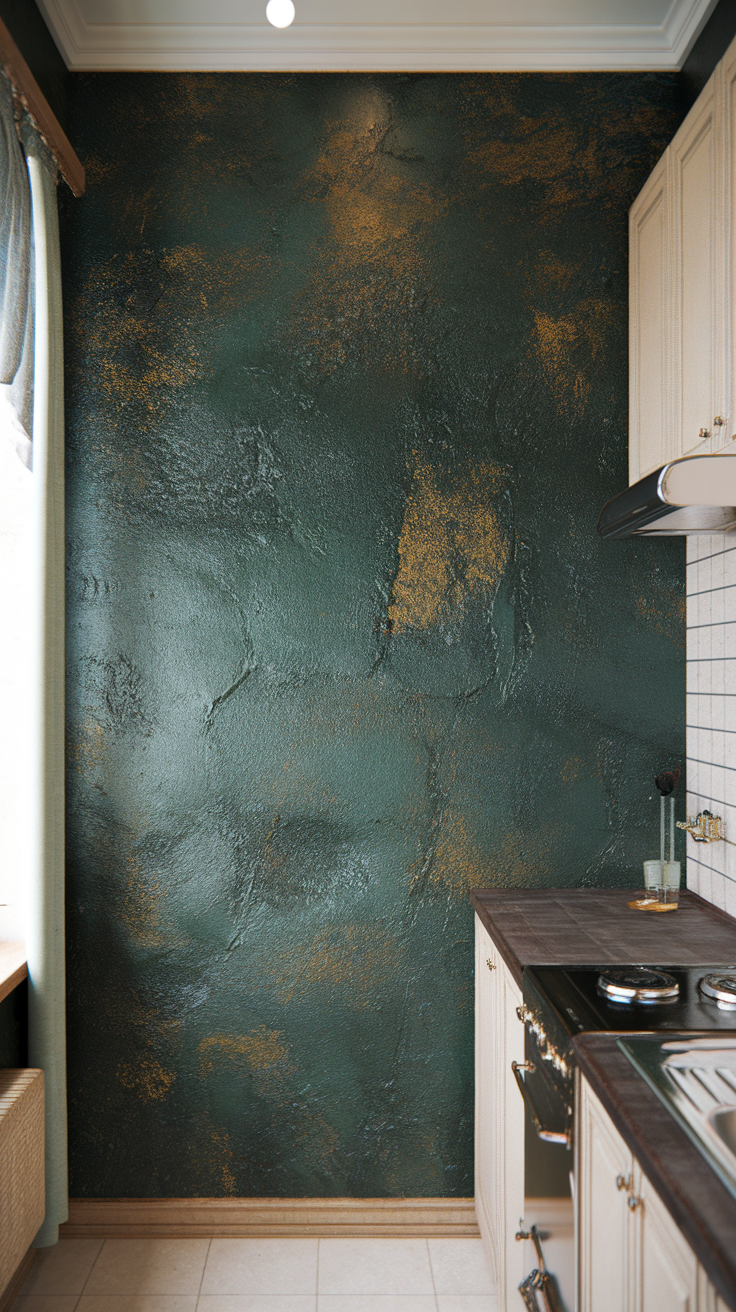 A kitchen with a textured dark green wall featuring gold accents