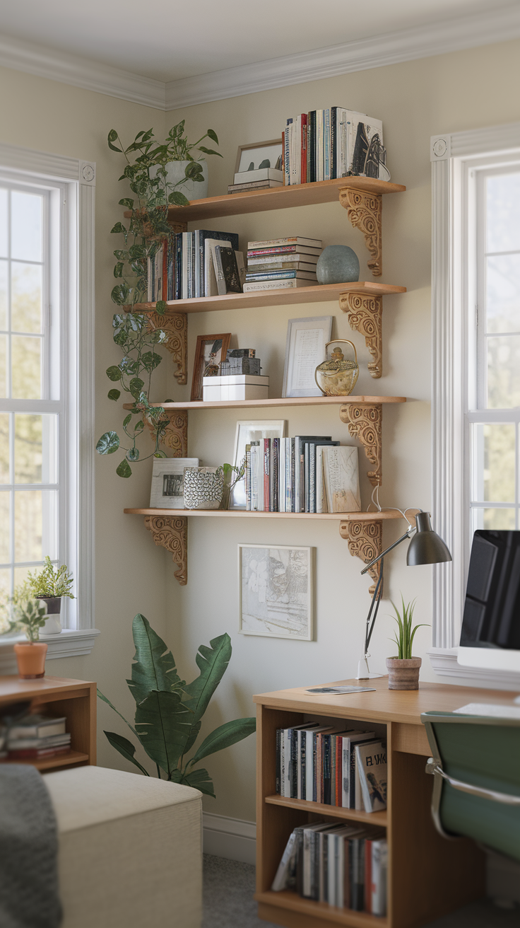 Decorative wooden wall shelves filled with books, plants, and decorative items in a home office setting.