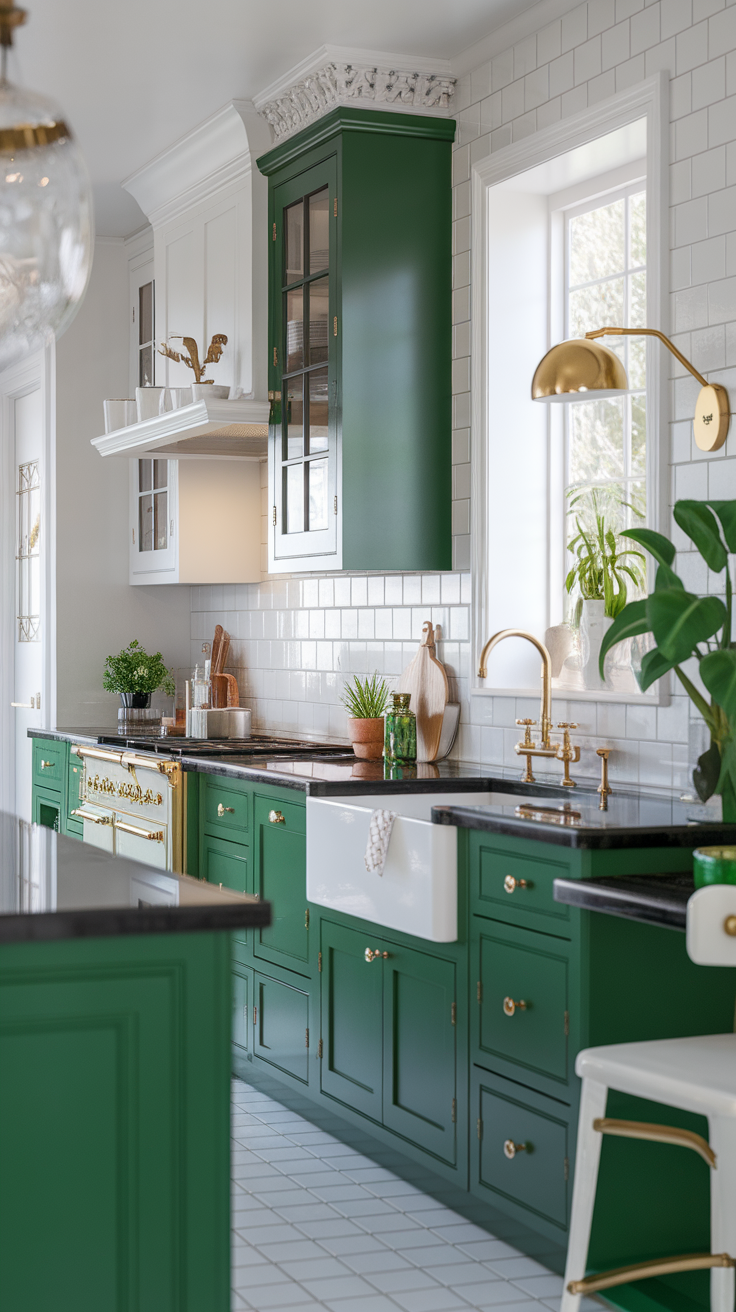 A stylish kitchen with emerald green cabinets, white walls, and gold accents