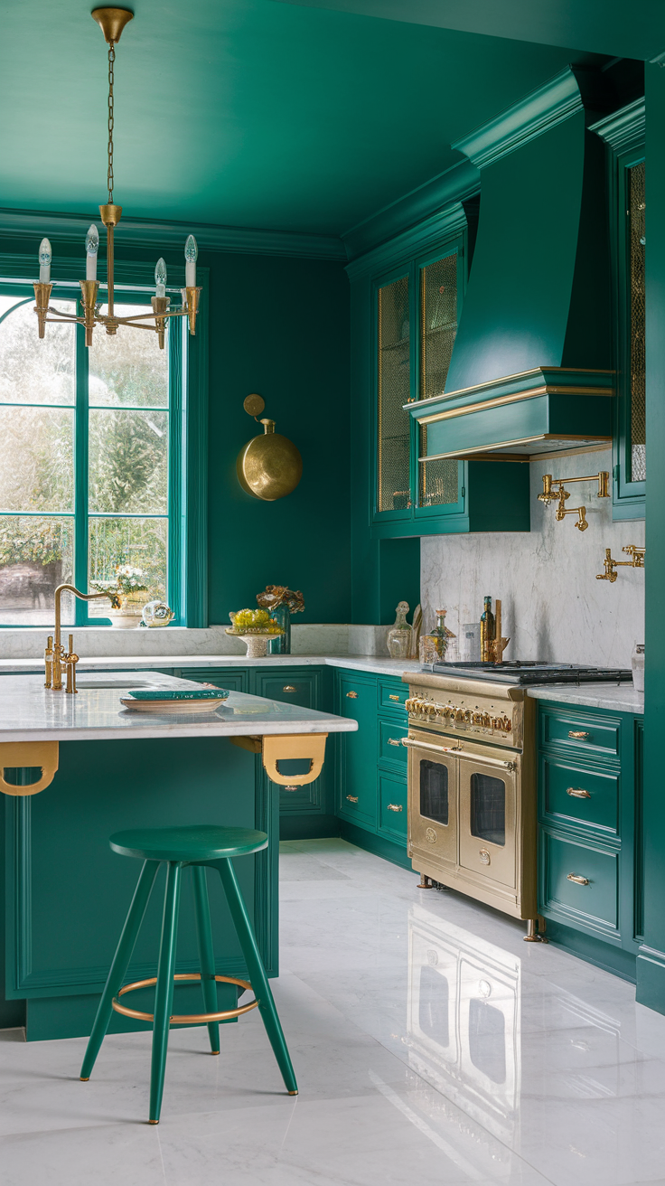 A stylish kitchen featuring emerald green walls and gold accents, showcasing a luxurious and modern design.