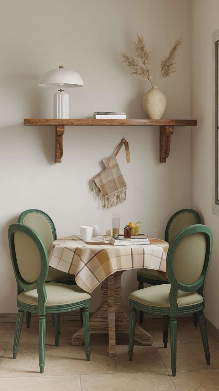 A cozy dining area featuring emerald green accent chairs around a wooden table.