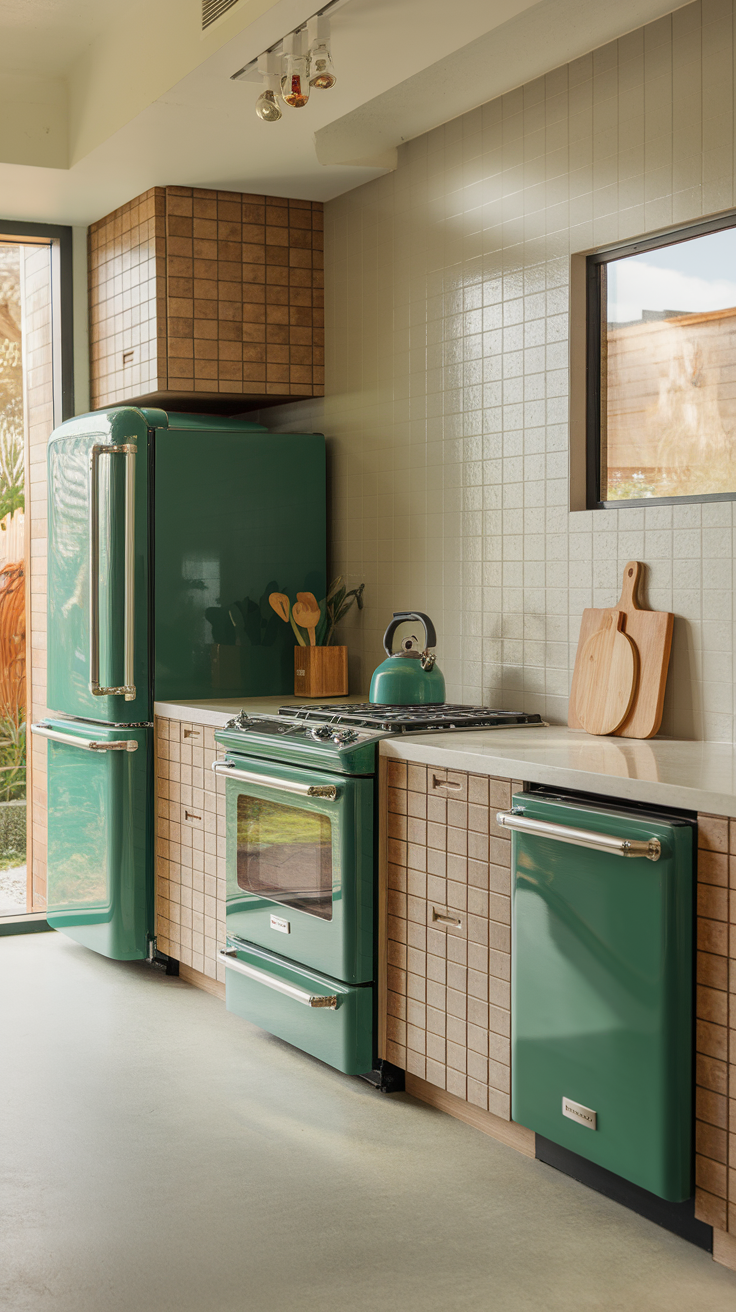 A modern kitchen featuring emerald green appliances including a fridge, oven, and dishwasher, with a tiled backsplash and warm wood accents.