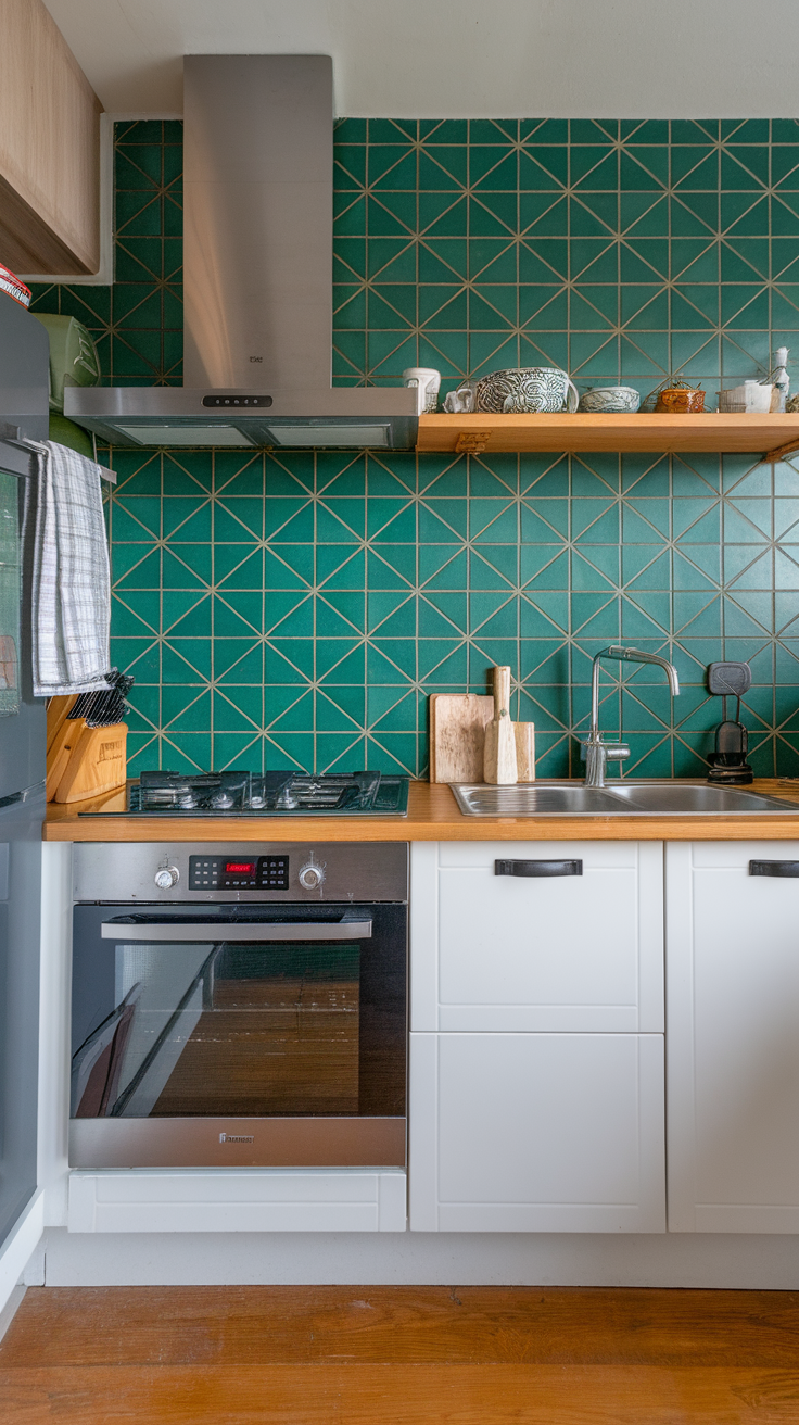 A stylish kitchen featuring an emerald green backsplash with geometric patterns, modern appliances, and natural stone countertops.