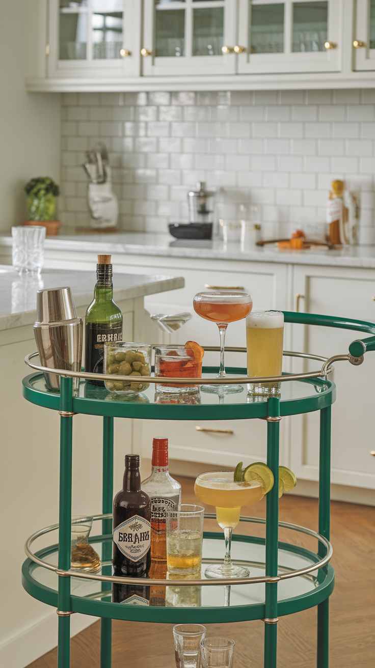 Emerald green bar cart displaying various drinks and garnishes in a modern kitchen
