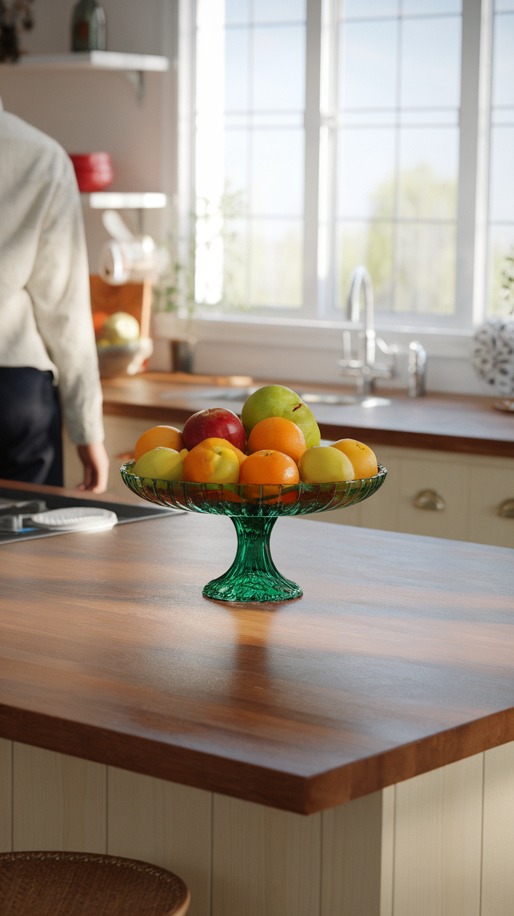 Emerald green fruit bowl filled with various fruits on a wooden kitchen counter