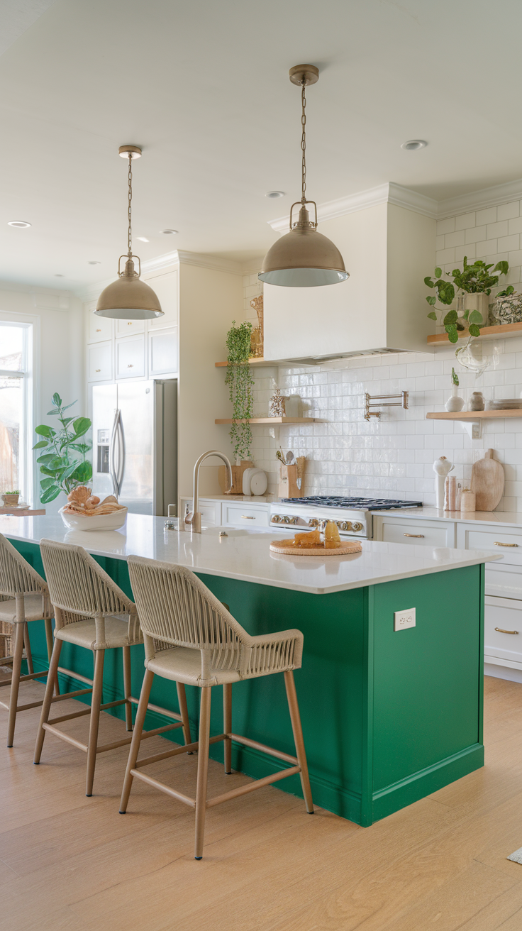 Emerald green kitchen island with seating in a cozy kitchen setting