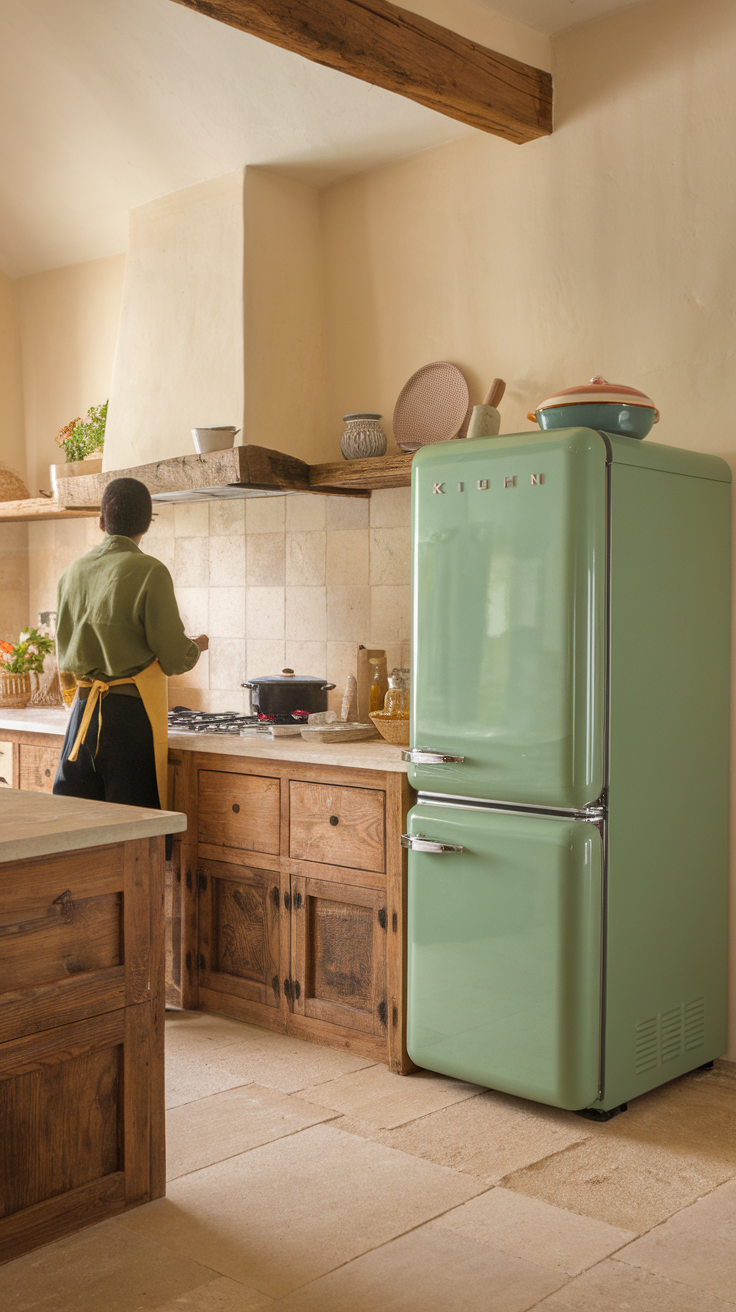 A cozy kitchen featuring an emerald green refrigerator, wooden cabinets, and a person cooking.