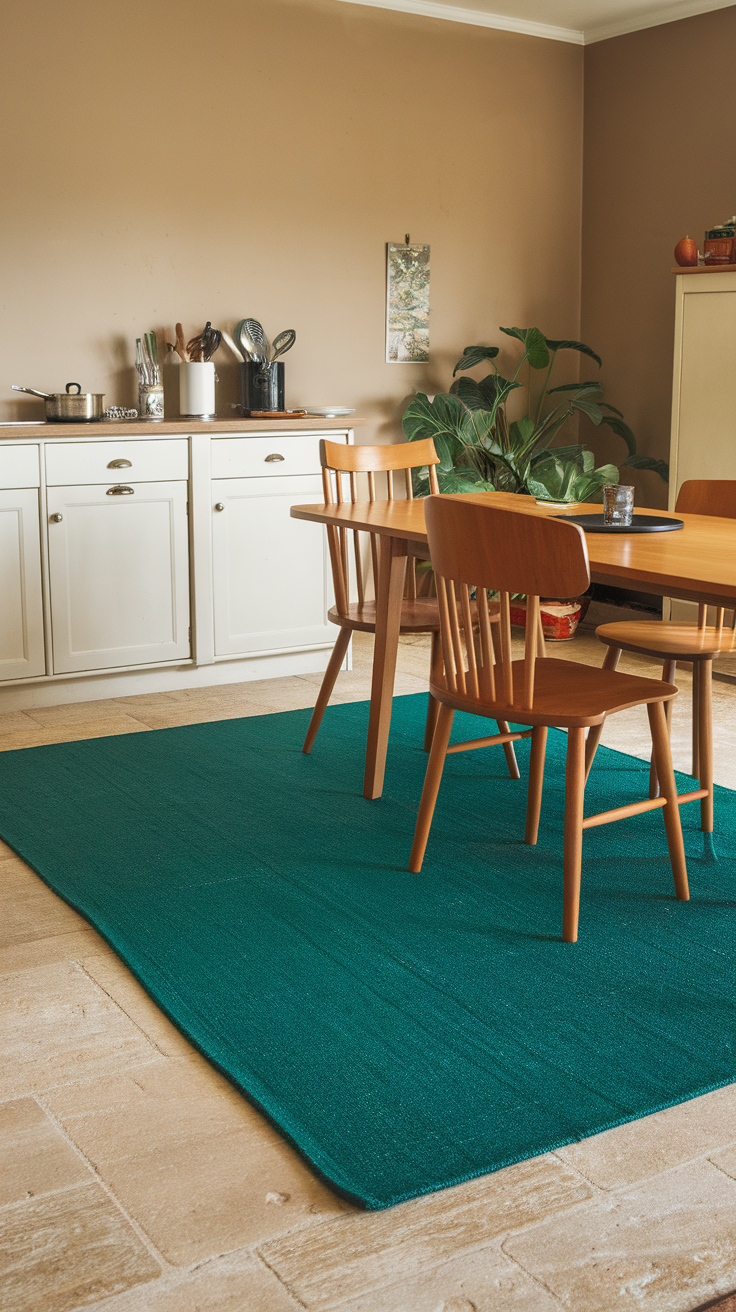 A cozy kitchen featuring an emerald green rug, wooden countertops, and light-colored cabinets.