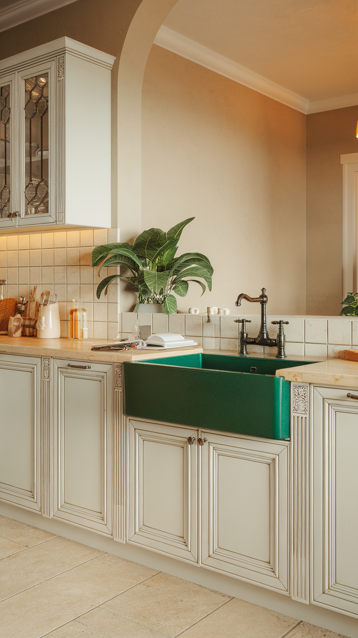 A stylish kitchen featuring an emerald green farmhouse sink surrounded by cream-colored cabinets and soft lighting.