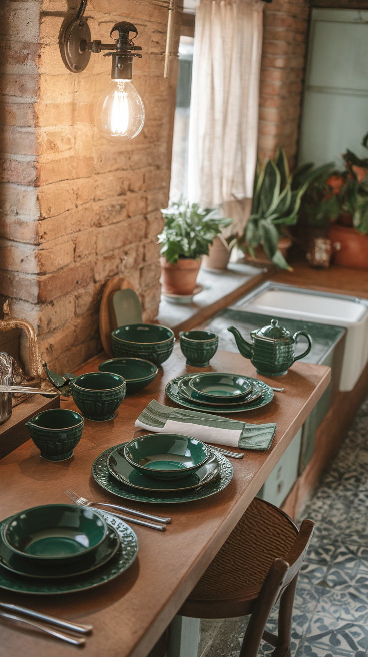 A display of elegant emerald green tableware including plates, bowls, and cups, with floral accents on a kitchen counter.