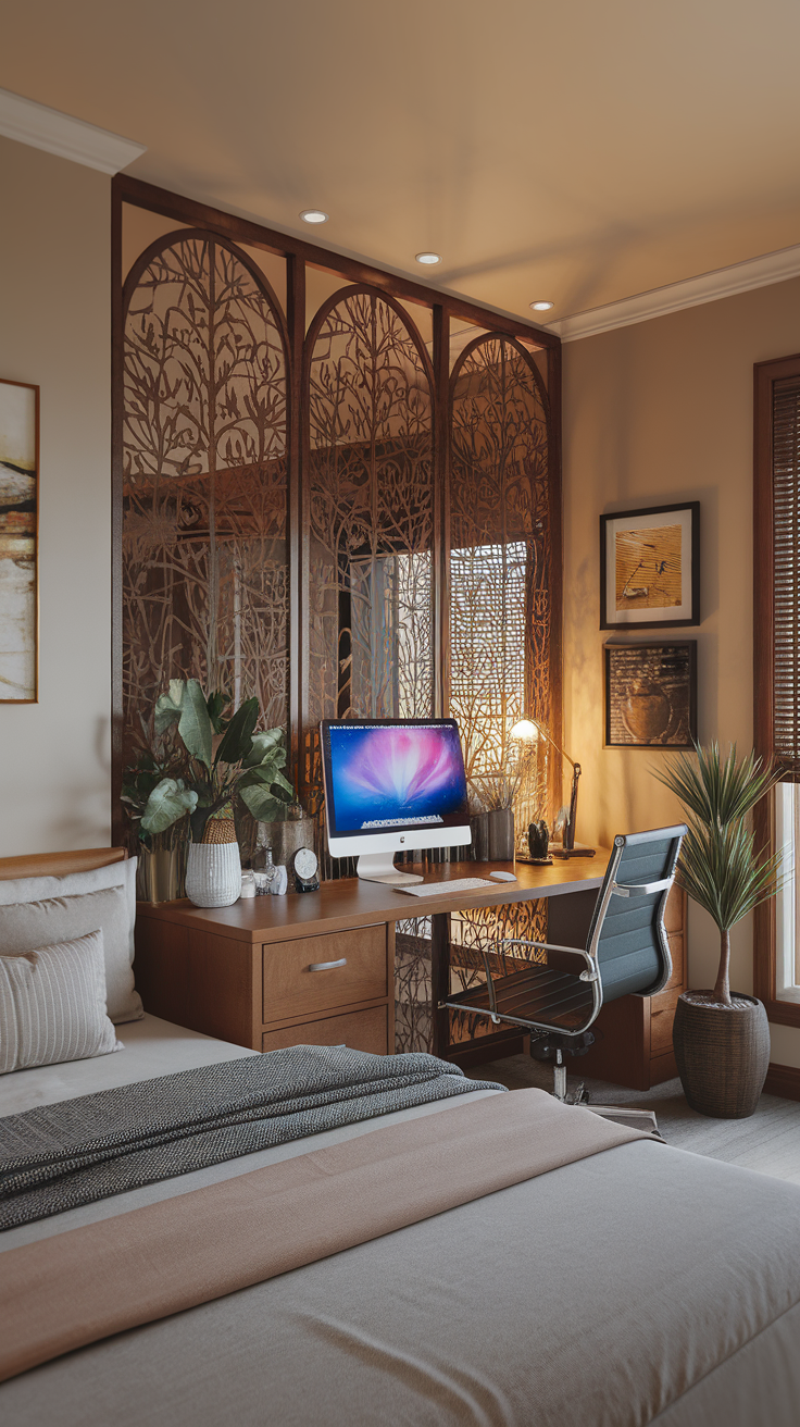 Cozy master bedroom office with a modern desk, computer, and decorative divider for privacy.