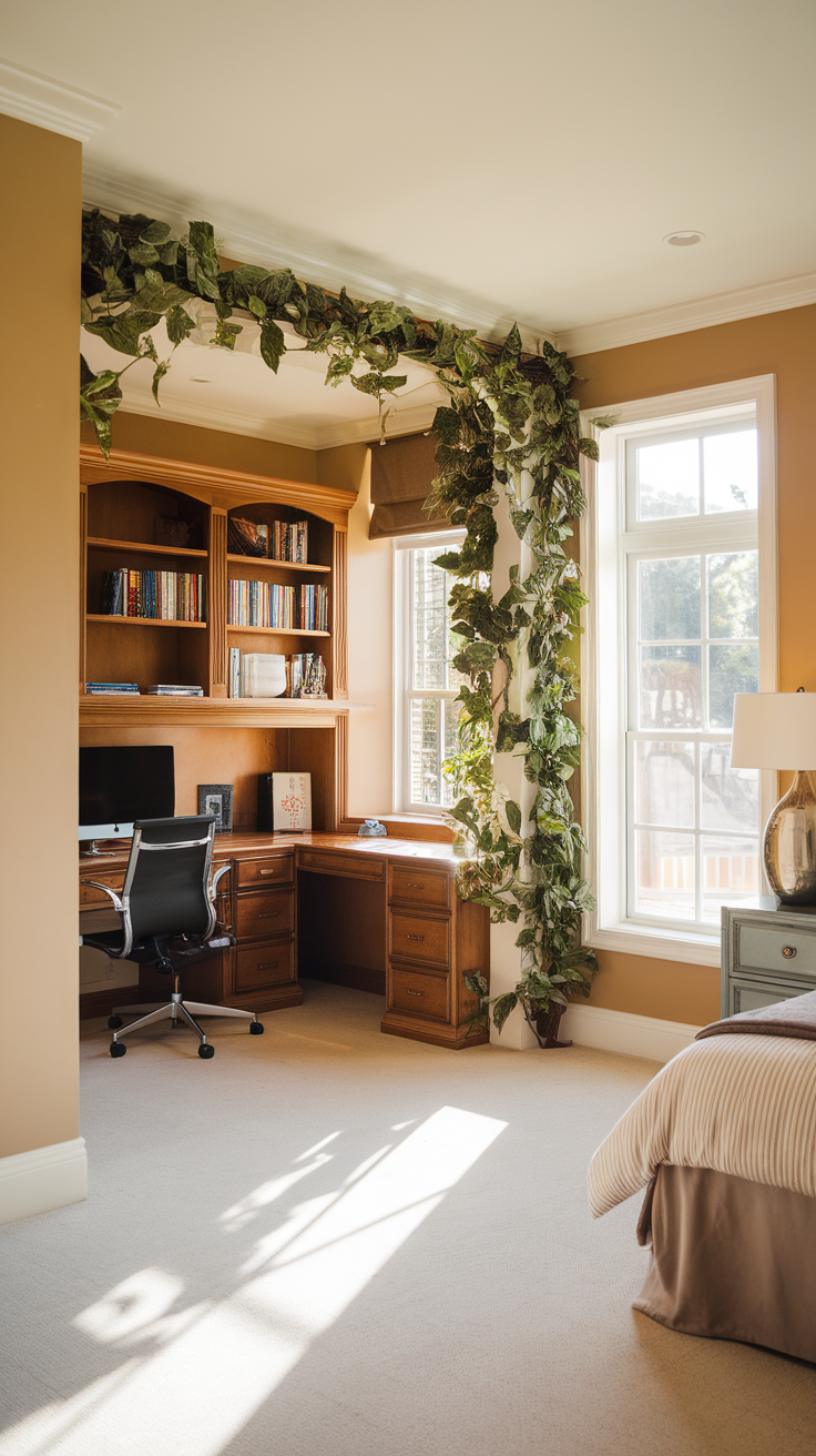 A functional master bedroom with a glass partition separating the office area from the sleeping space, featuring plants and modern furniture.