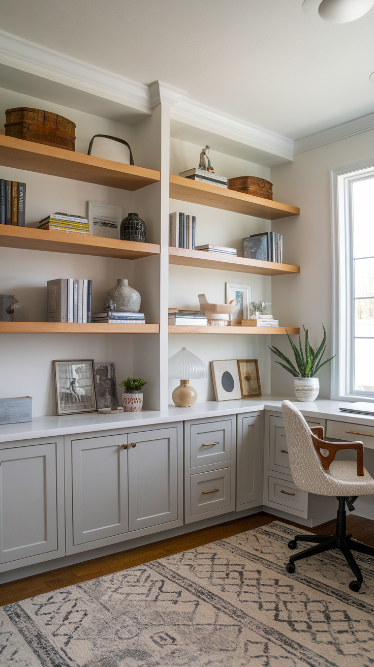 A well-organized home office with wooden shelves displaying books and decorative items, featuring a stylish desk and storage cabinets.
