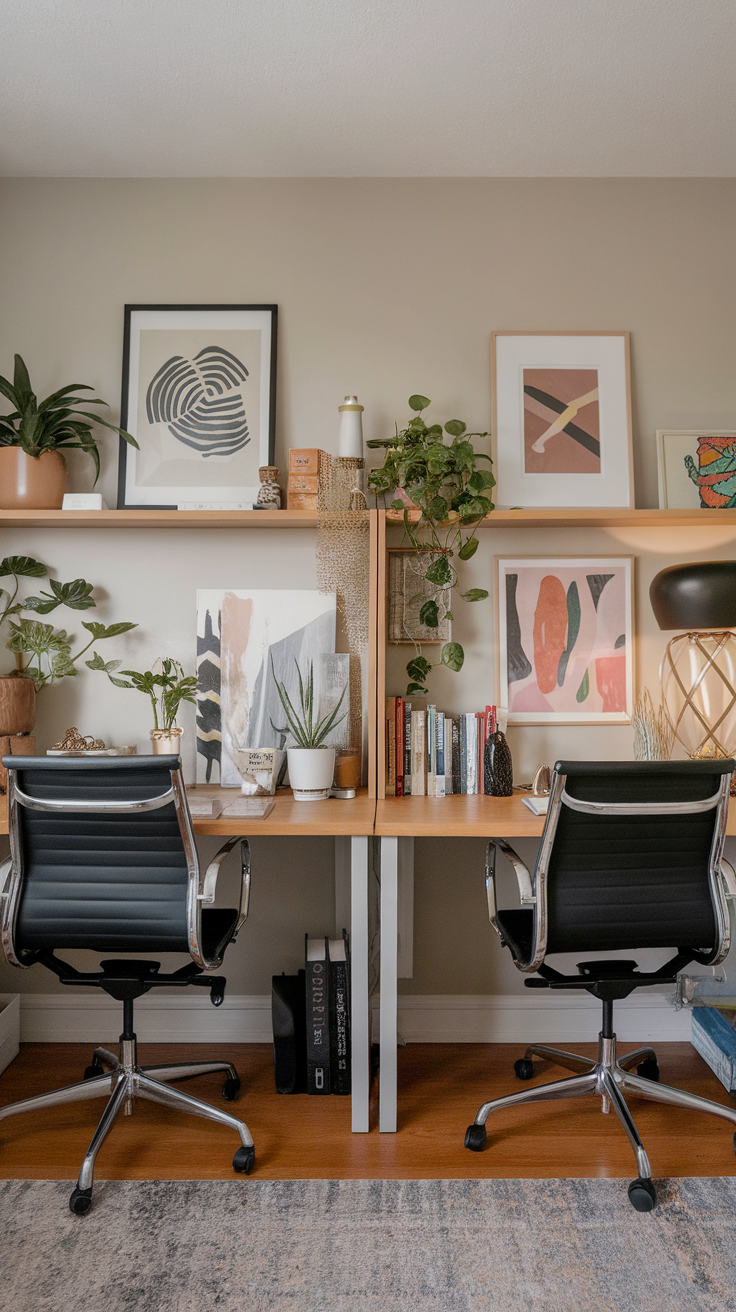 A modern dual workspace featuring two office chairs, a wooden desk, shelves with plants and artwork.