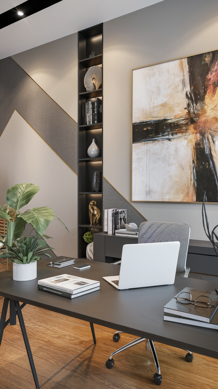 Modern home office with geometric wall patterns and stylish decor