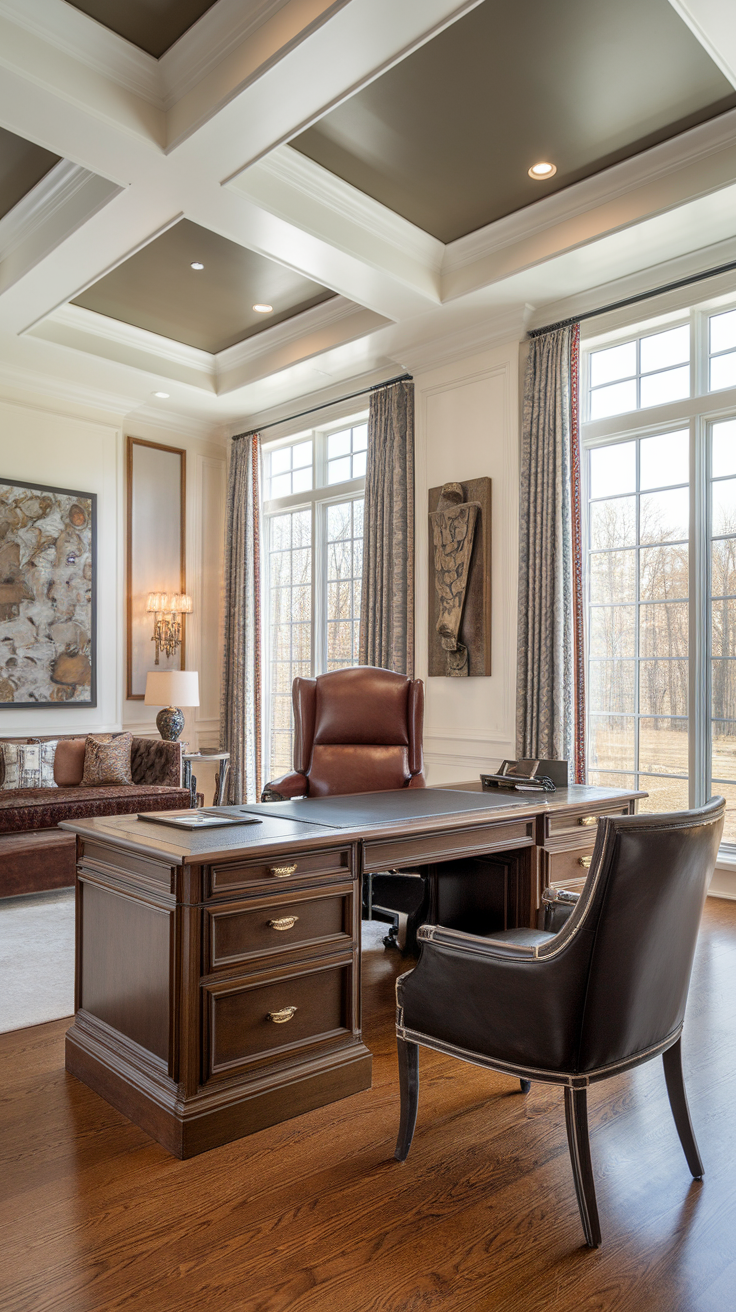 A high-end executive office featuring a wooden desk, leather chair, and natural light from large windows.