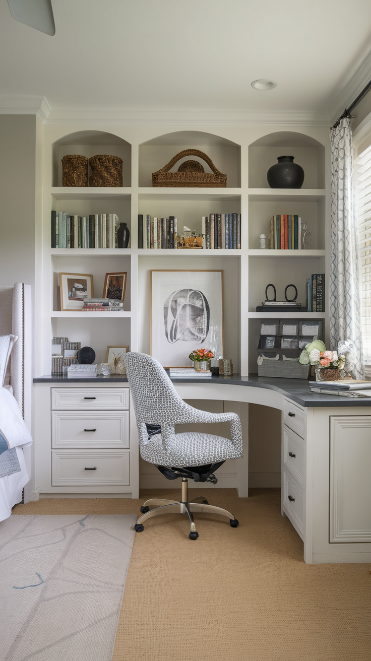 A stylish master bedroom office layout featuring a comfortable guest chair and a well-organized desk.