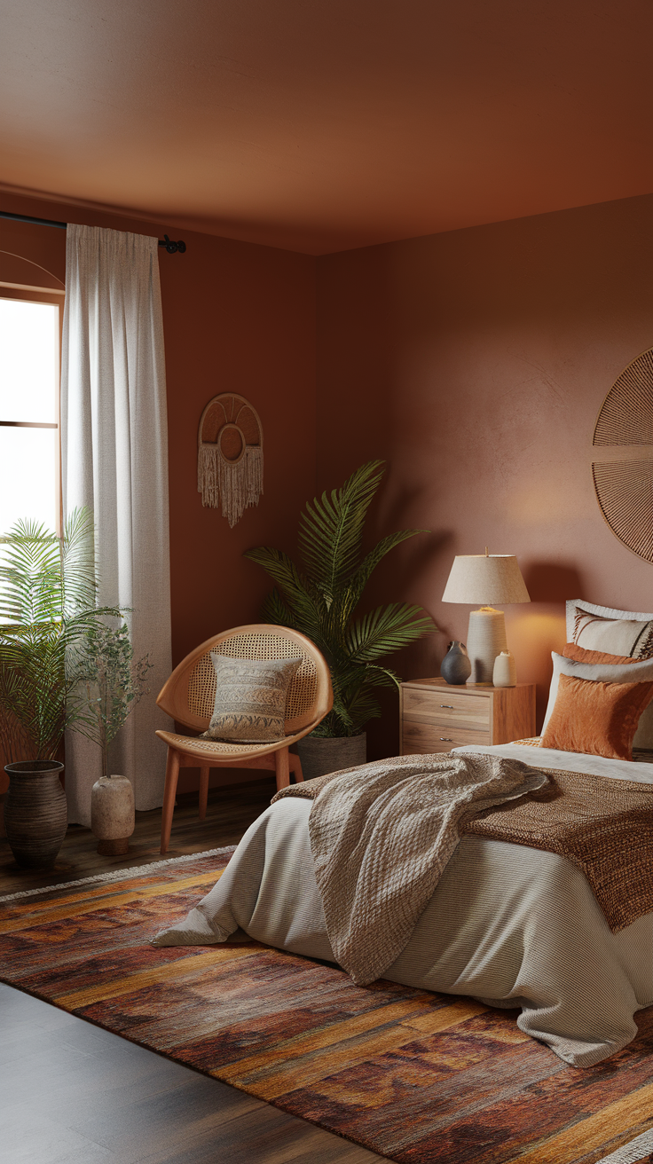 Earthy colored bedroom featuring terracotta walls, rattan furniture, and cozy textures.