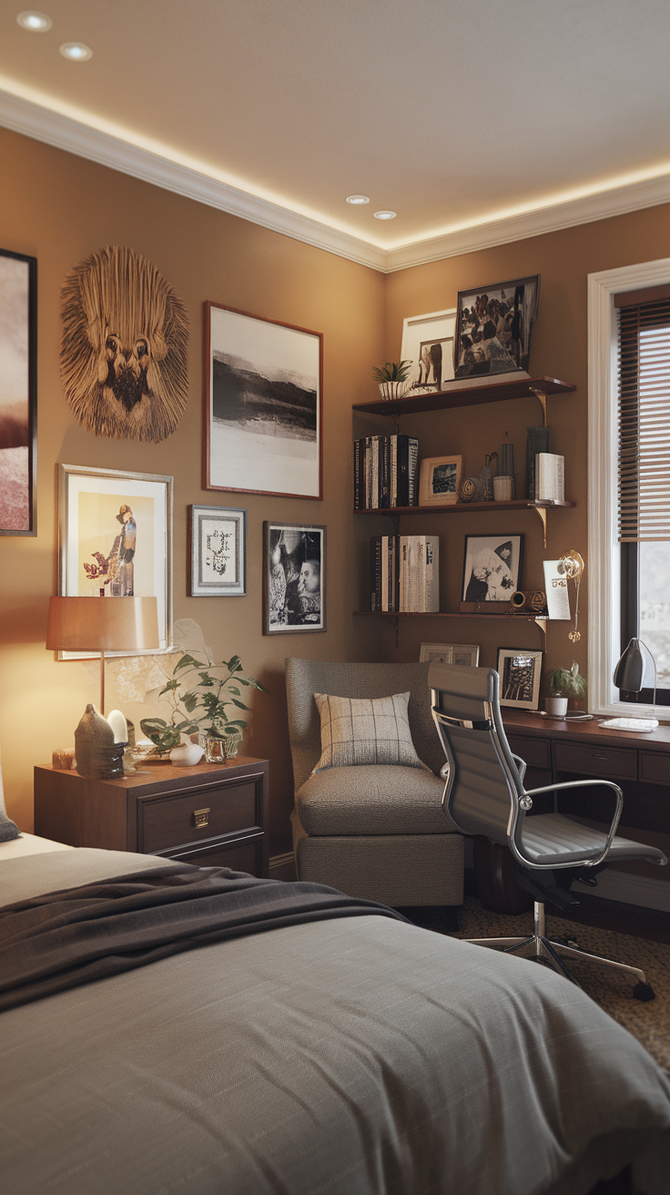 Master bedroom office layout featuring cozy elements and personal decor.