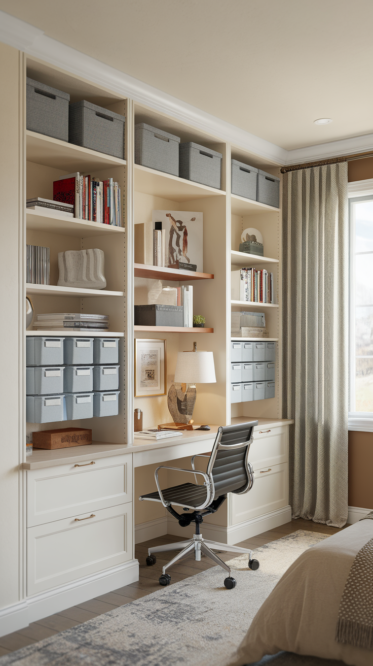 A modern master bedroom office layout with organized storage shelves and a desk.