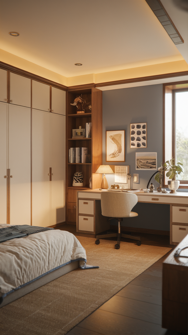 A cozy master bedroom featuring soft lighting, a desk for work, and a warm color palette.